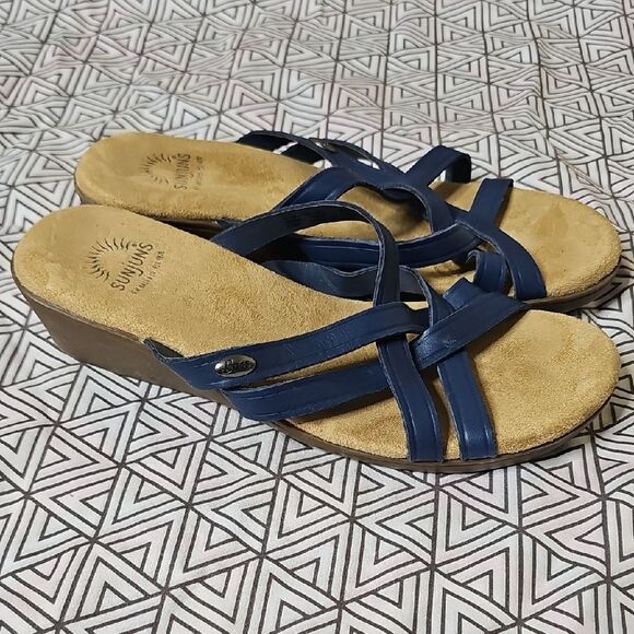 Vintage Sunjuns Sheila Strappy Wedge Women's Navy Blue Cushion Sandals 8.5 - Picture 1 of 5